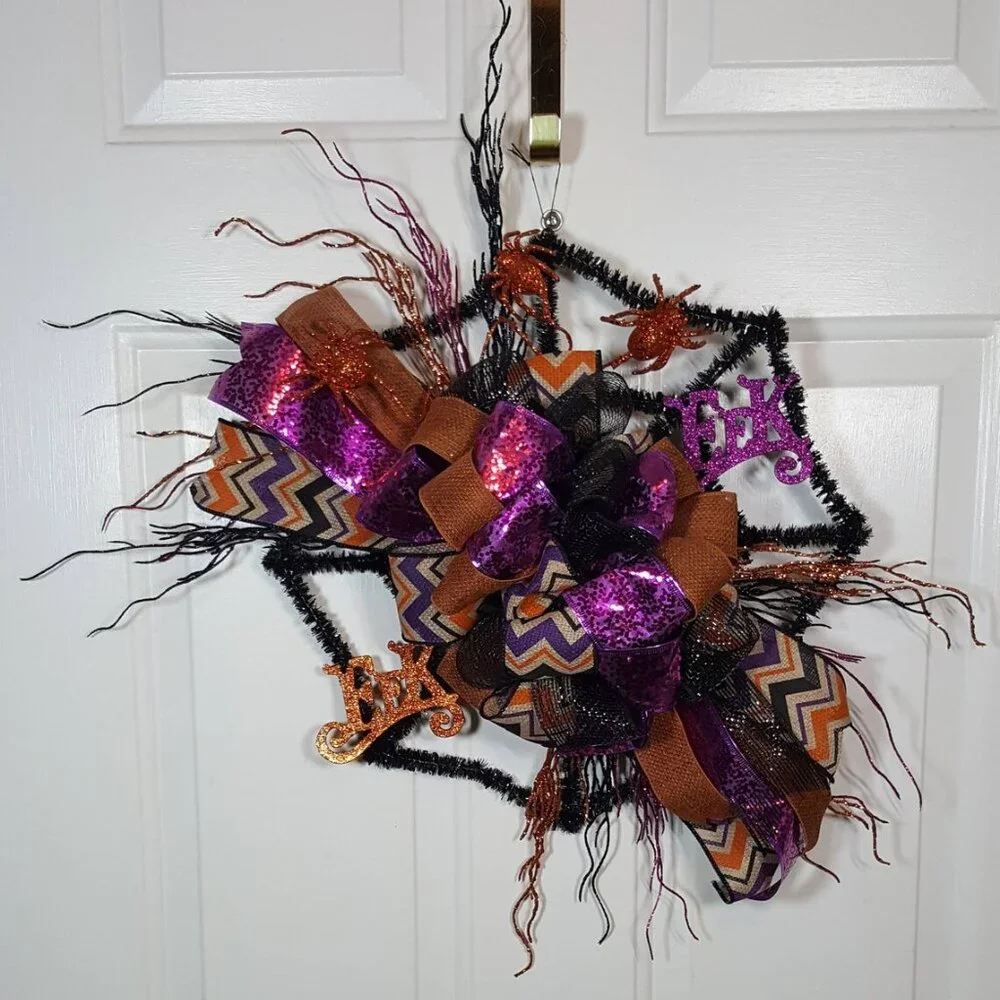Halloween Orange Black Purple Glittered EEK Black Tinsel Spider‎ Web Wreath